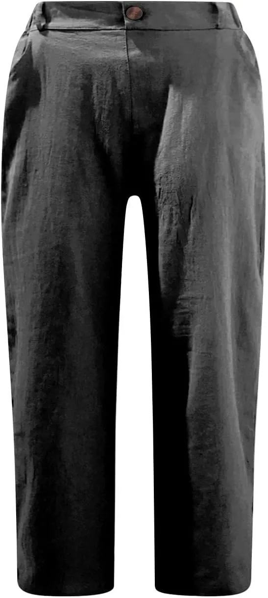 Linen Wide Leg Pants for Women Summer Casual Capri Pants Elastic Waist Comfy Loose Button Up Straight Leg Trousers