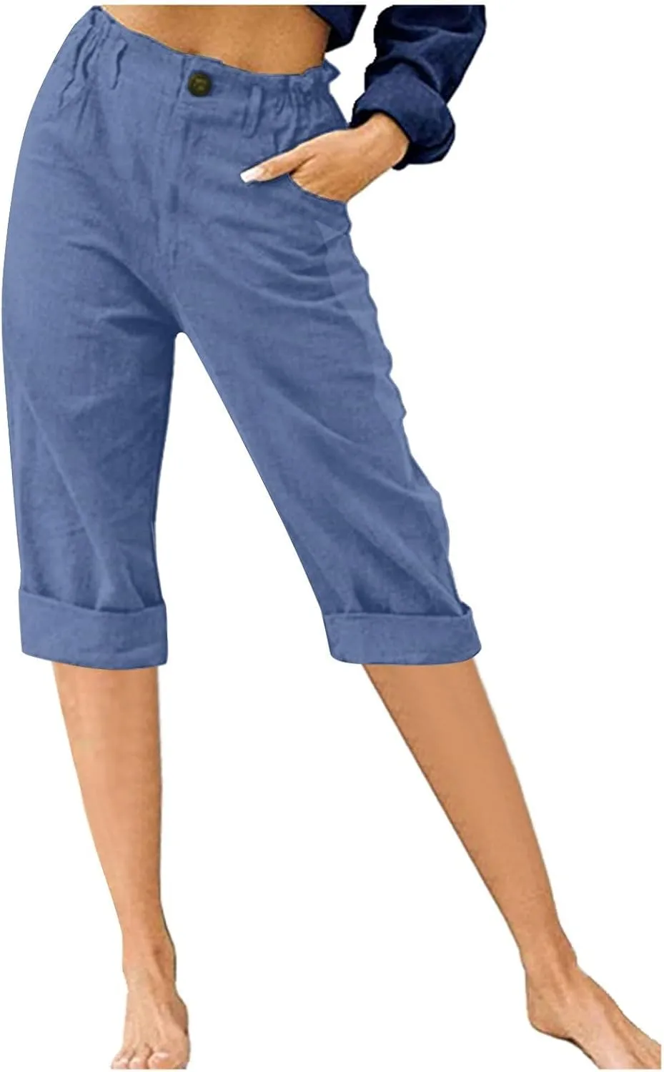 Linen Wide Leg Pants for Women Summer Casual Capri Pants Elastic Waist Comfy Loose Button Up Straight Leg Trousers