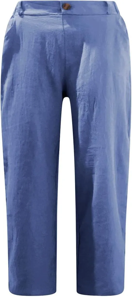 Linen Wide Leg Pants for Women Summer Casual Capri Pants Elastic Waist Comfy Loose Button Up Straight Leg Trousers