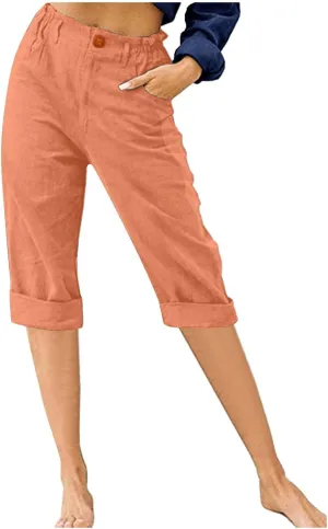 Linen Wide Leg Pants for Women Summer Casual Capri Pants Elastic Waist Comfy Loose Button Up Straight Leg Trousers