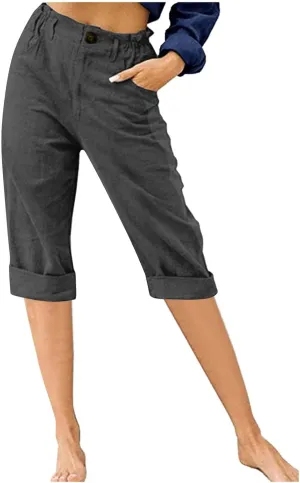 Linen Wide Leg Pants for Women Summer Casual Capri Pants Elastic Waist Comfy Loose Button Up Straight Leg Trousers