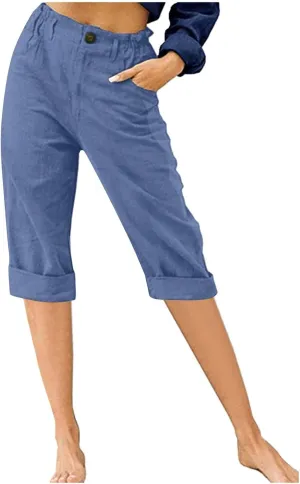 Linen Wide Leg Pants for Women Summer Casual Capri Pants Elastic Waist Comfy Loose Button Up Straight Leg Trousers