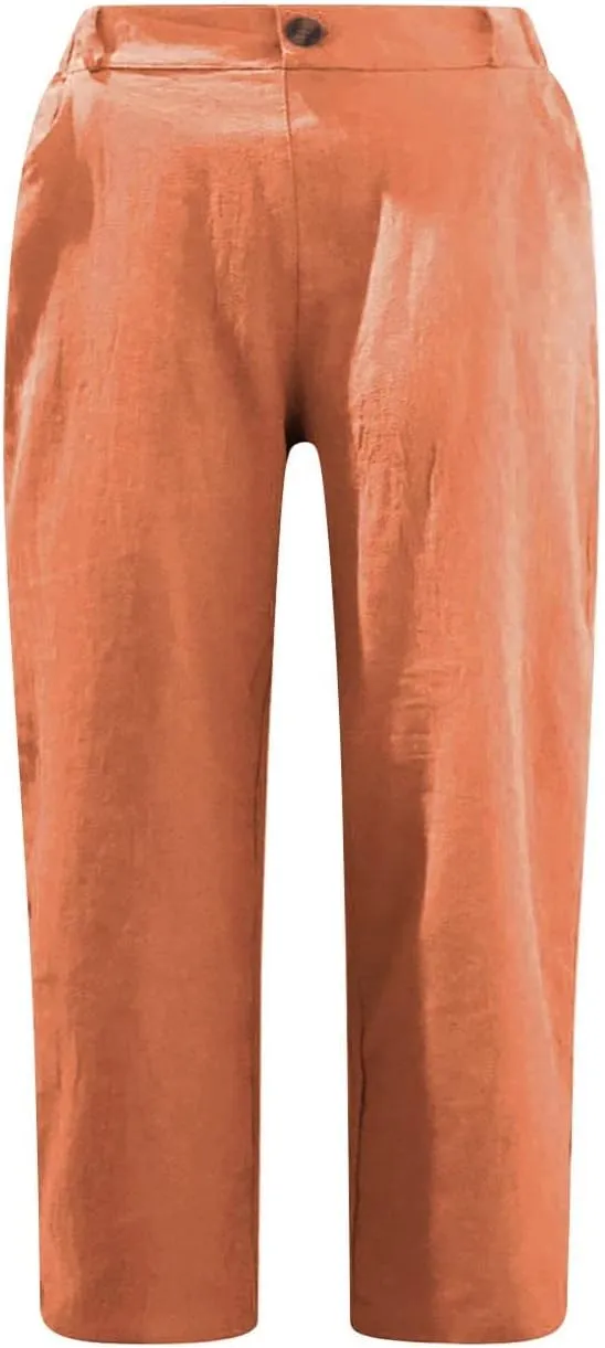 Linen Wide Leg Pants for Women Summer Casual Capri Pants Elastic Waist Comfy Loose Button Up Straight Leg Trousers