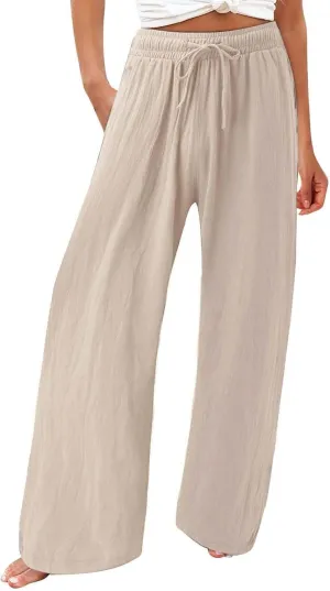 Linen Wide Leg Pants for Women Summer Casual High Waisted Palazzo Pants Boho Beach Vacation Trousers with Pockets