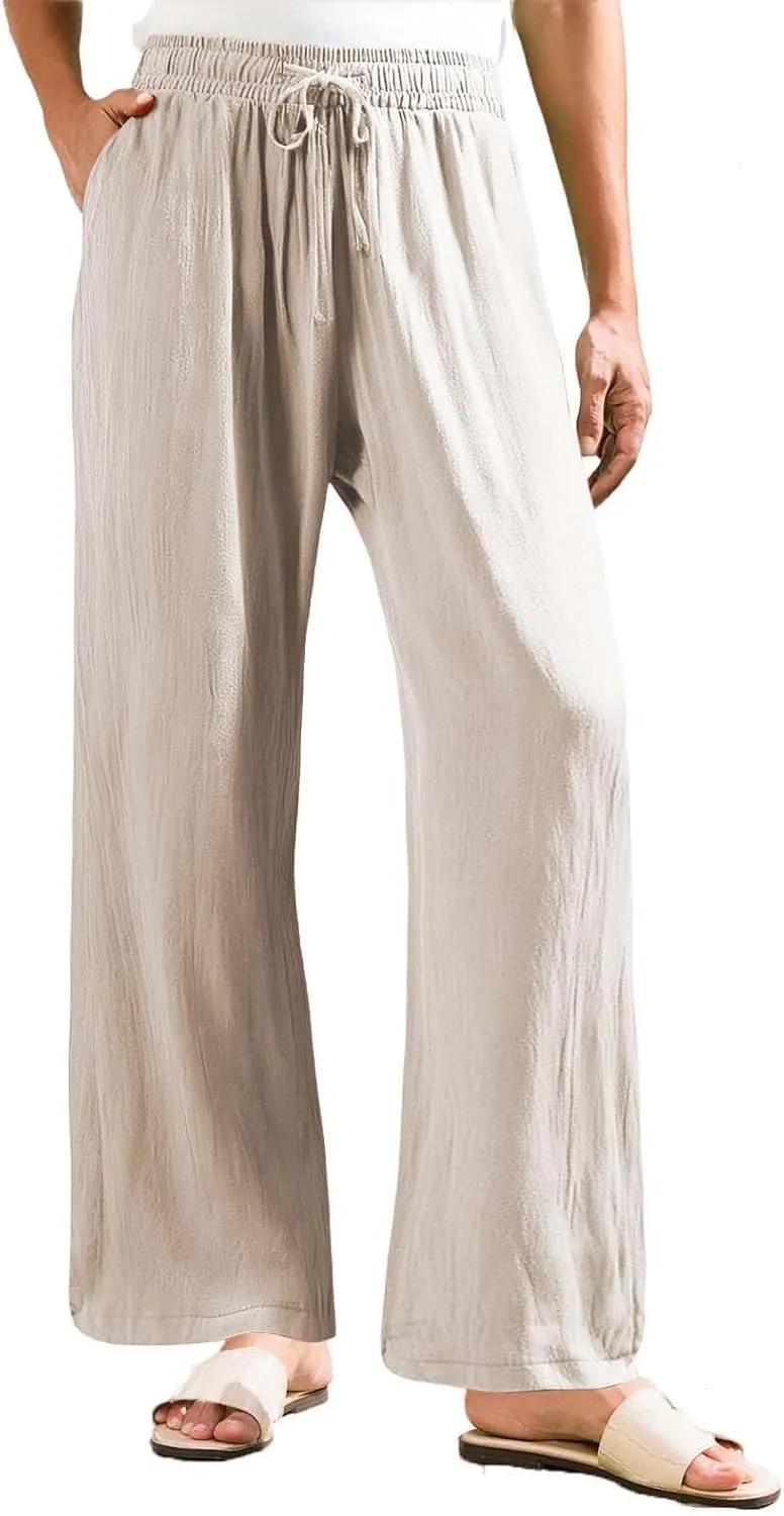 Linen Wide Leg Pants for Women Summer Casual High Waisted Palazzo Pants Boho Beach Vacation Trousers with Pockets