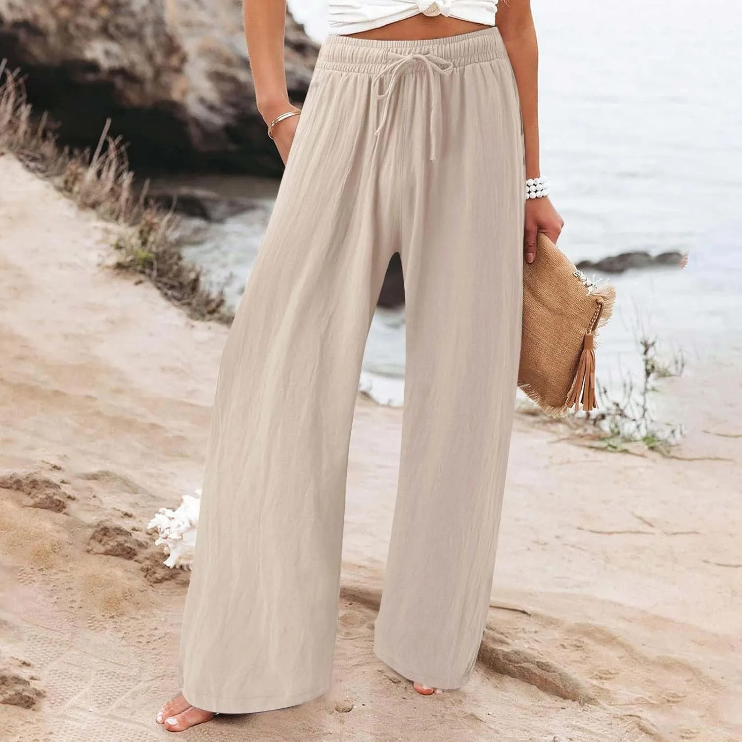 Linen Wide Leg Pants for Women Summer Casual High Waisted Palazzo Pants Boho Beach Vacation Trousers with Pockets