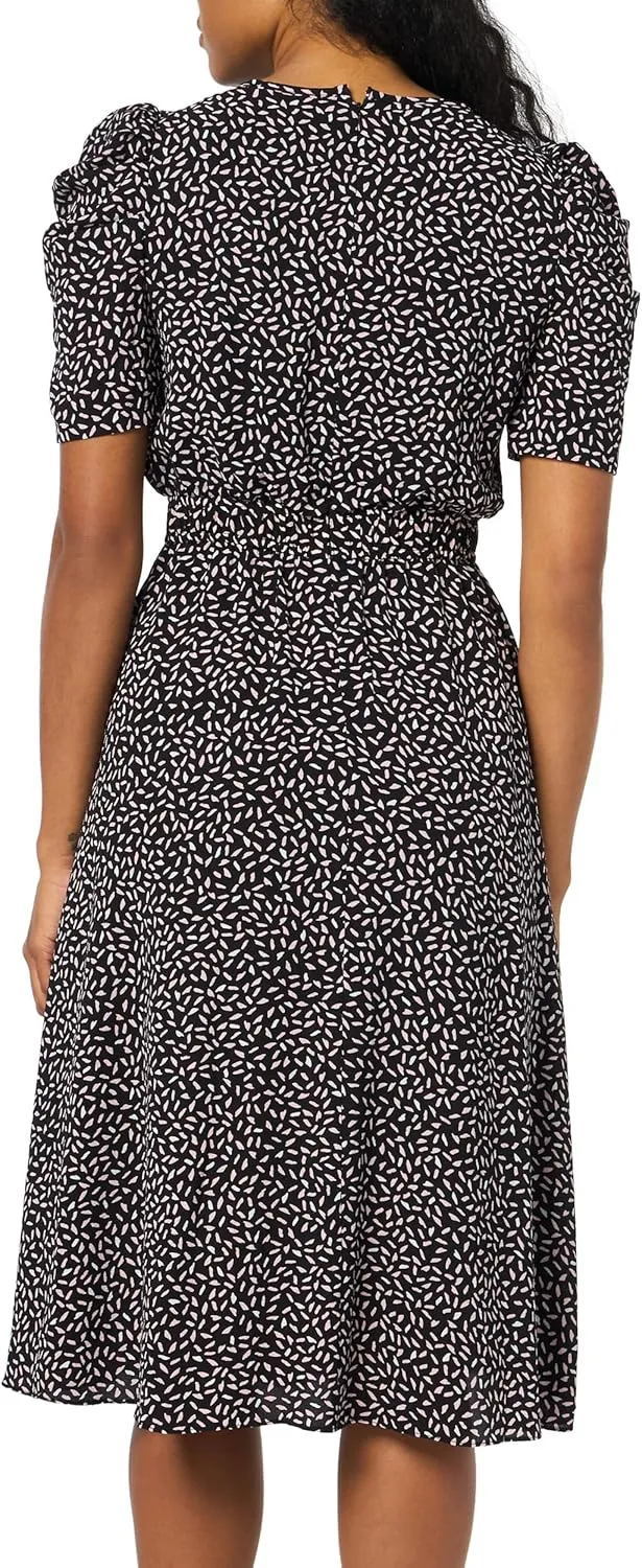 London Times Women's Caterpillar Puff Sleeve Midi Dress - Gathered Waist A-Line Flowy Summer Dress