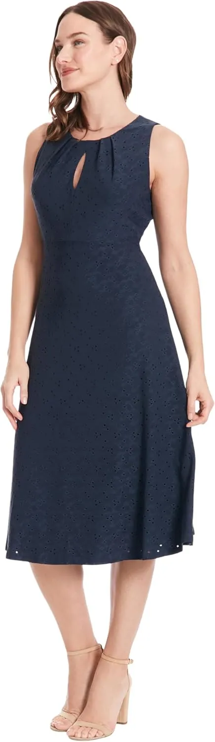 London Times Women's Dresses Sleeveless Fit and Flare Dress with Pleat Tucks and Keyhole Detail at Neck