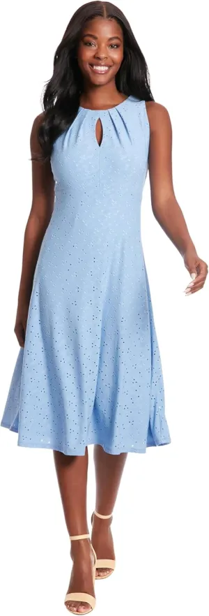 London Times Women's Dresses Sleeveless Fit and Flare Dress with Pleat Tucks and Keyhole Detail at Neck