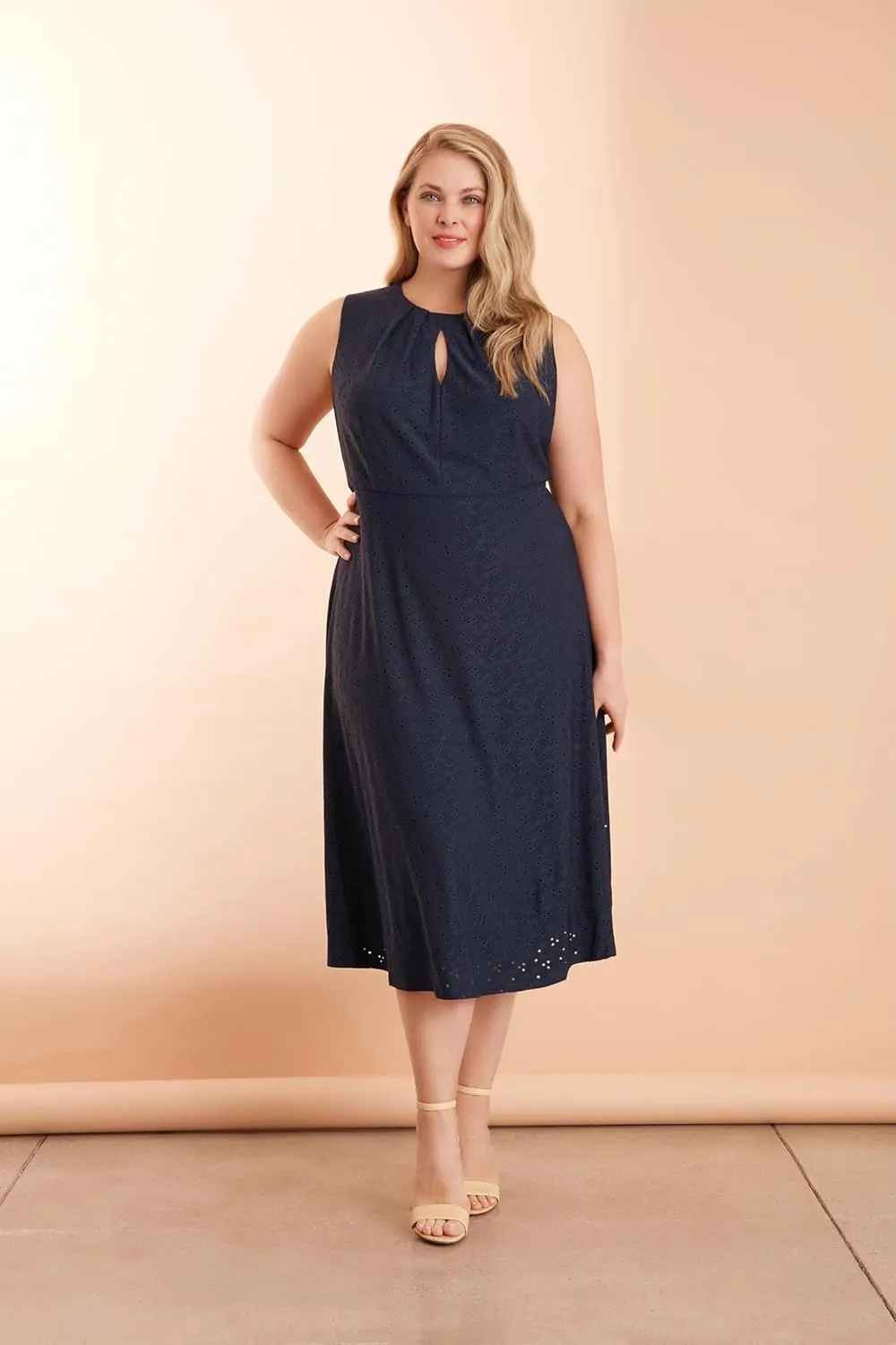 London Times Women's Dresses Sleeveless Fit and Flare Dress with Pleat Tucks and Keyhole Detail at Neck