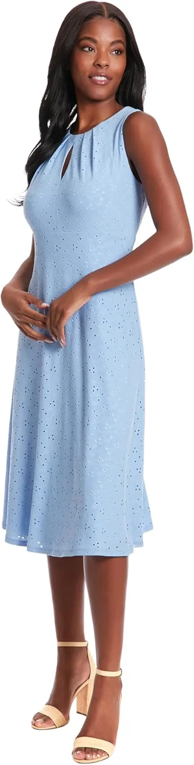 London Times Women's Dresses Sleeveless Fit and Flare Dress with Pleat Tucks and Keyhole Detail at Neck