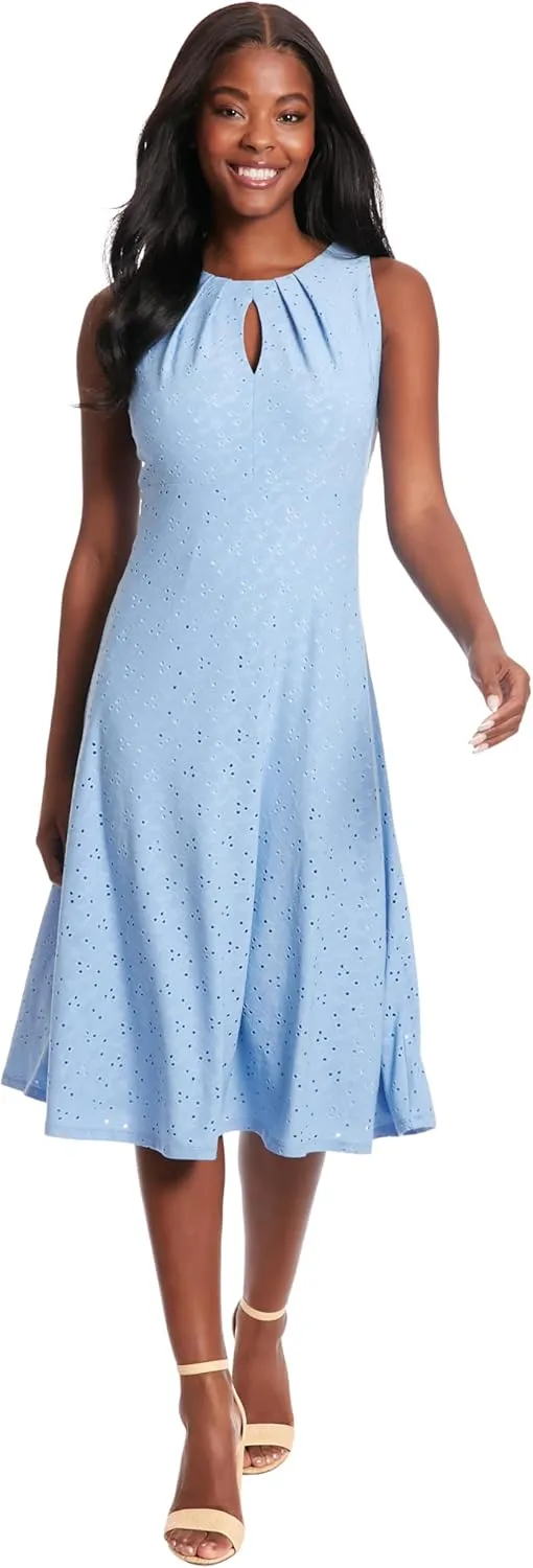 London Times Women's Dresses Sleeveless Fit and Flare Dress with Pleat Tucks and Keyhole Detail at Neck