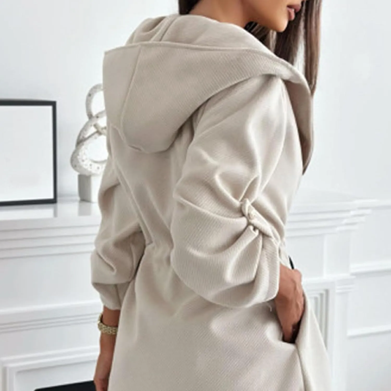 Long Hooded Jacket with A Tie at The Waist for Women, Women Tie Waist Hooded Trench, Long Jacket Hooded Trench Coat