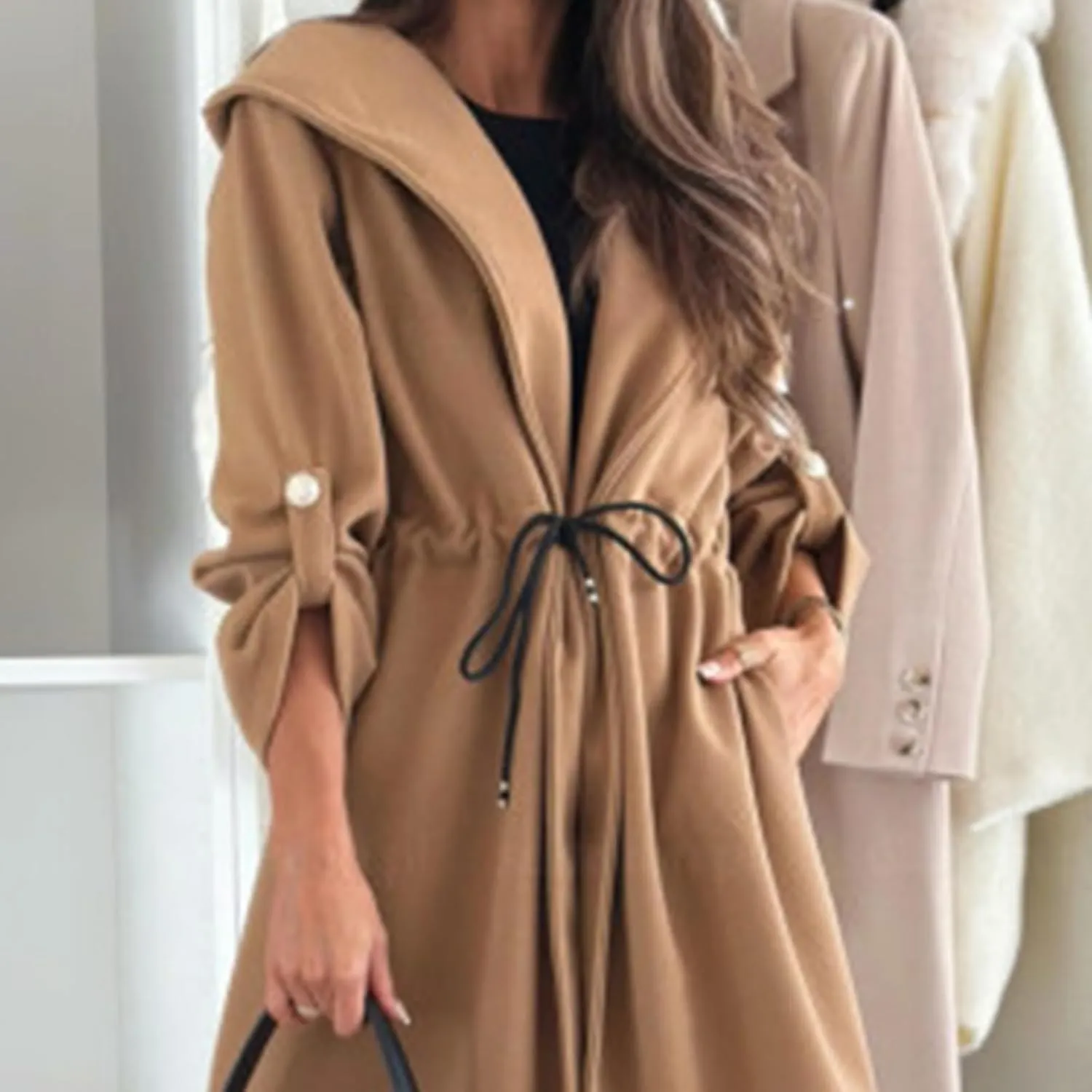 Long Hooded Jacket with A Tie at The Waist for Women, Women Tie Waist Hooded Trench, Long Jacket Hooded Trench Coat