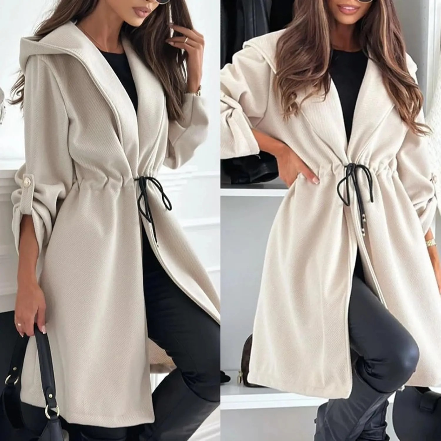 Long Hooded Jacket with A Tie at The Waist for Women, Women Tie Waist Hooded Trench, Long Jacket Hooded Trench Coat