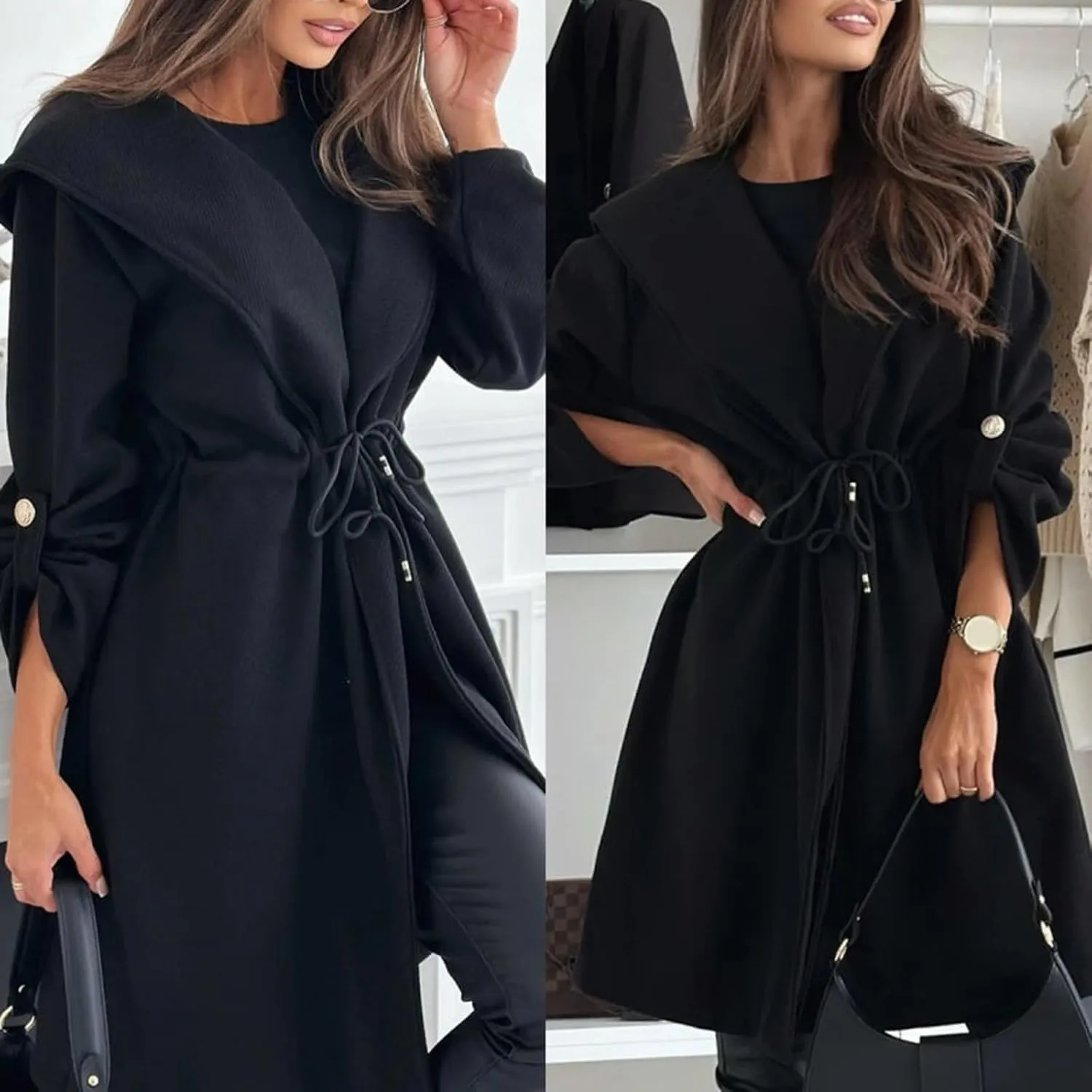 Long Hooded Jacket with A Tie at The Waist for Women, Women Tie Waist Hooded Trench, Long Jacket Hooded Trench Coat