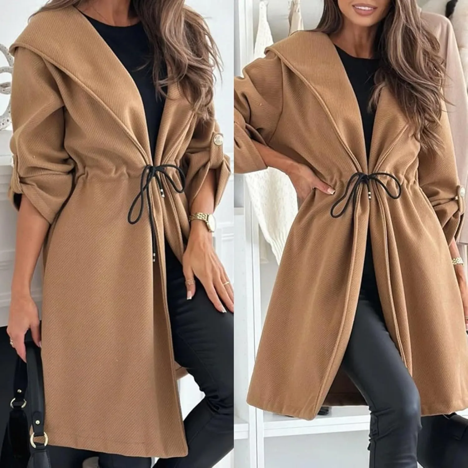 Long Hooded Jacket with A Tie at The Waist for Women, Women Tie Waist Hooded Trench, Long Jacket Hooded Trench Coat