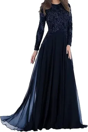 Long Sleeve Mother of The Bride Dress for Wedding Lace Appliques Chiffon A Line Formal Evening Party Gown for Women Navy US18W