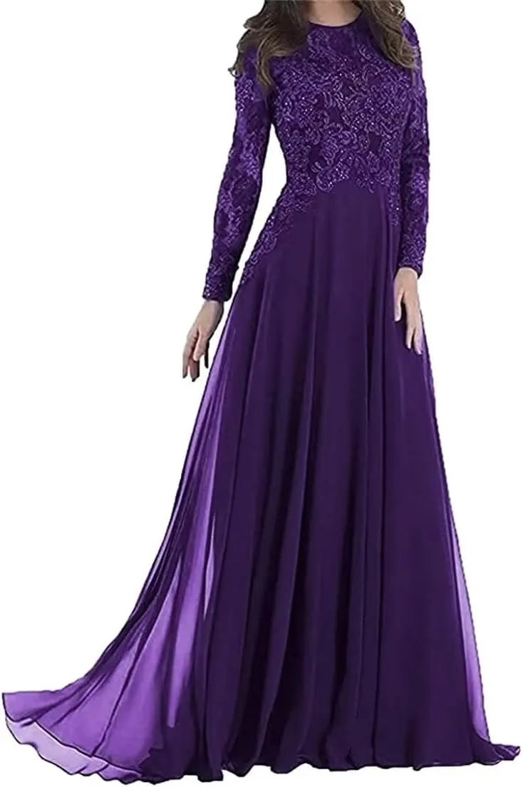 Long Sleeve Mother of The Bride Dress for Wedding Lace Appliques Chiffon A Line Formal Evening Party Gown for Women Purple US14