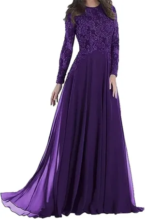Long Sleeve Mother of The Bride Dress for Wedding Lace Appliques Chiffon A Line Formal Evening Party Gown for Women Purple US14