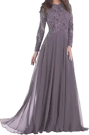 Long Sleeve Mother of The Bride Dress for Wedding Lace Appliques Chiffon A Line Formal Evening Party Gown for Women Wisteria US4