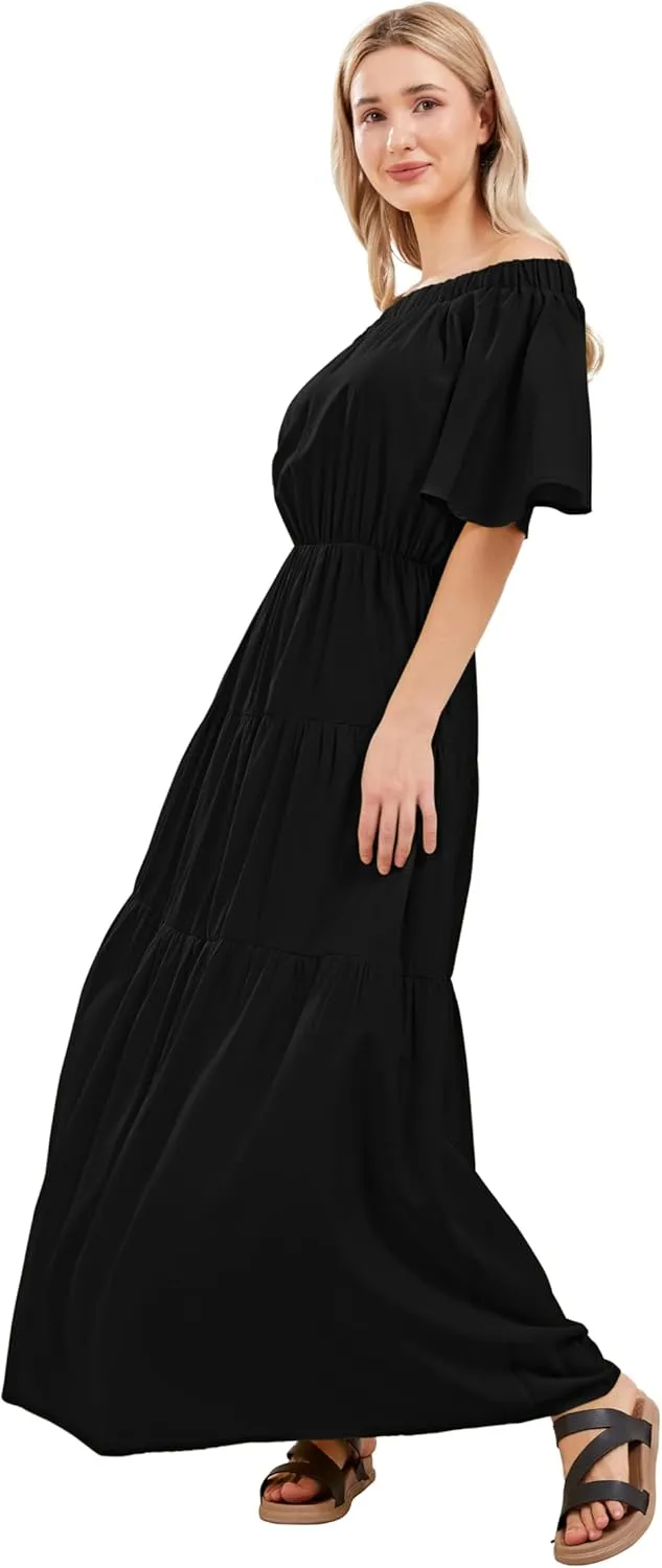 loveimgs Women's Summer Off Shoulder Ruffle Cotton Dress Short Sleeve Mid Rise Beach Boho Long Maxi Dress