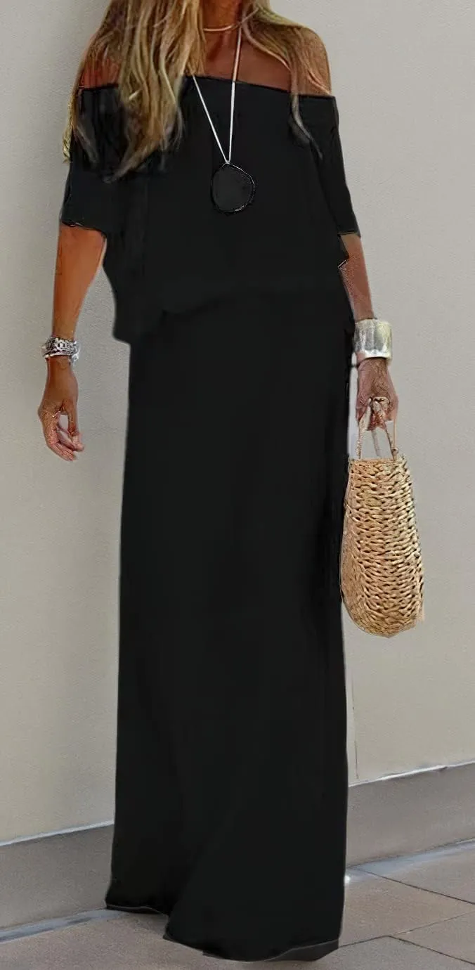 loveimgs Women's Summer Off Shoulder Ruffle Cotton Dress Short Sleeve Mid Rise Beach Boho Long Maxi Dress