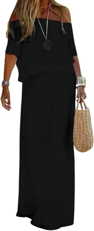 loveimgs Women's Summer Off Shoulder Ruffle Cotton Dress Short Sleeve Mid Rise Beach Boho Long Maxi Dress