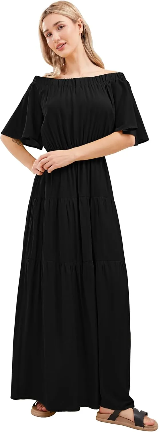 loveimgs Women's Summer Off Shoulder Ruffle Cotton Dress Short Sleeve Mid Rise Beach Boho Long Maxi Dress