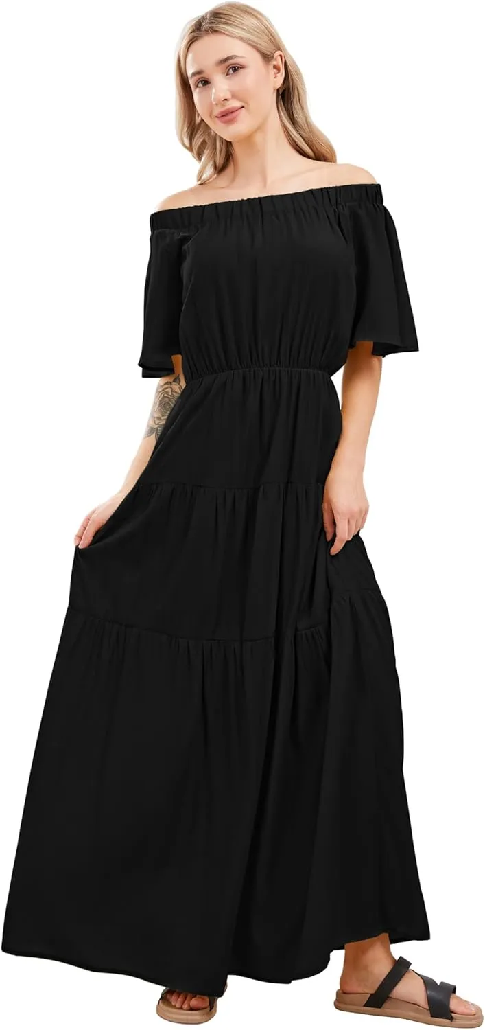 loveimgs Women's Summer Off Shoulder Ruffle Cotton Dress Short Sleeve Mid Rise Beach Boho Long Maxi Dress