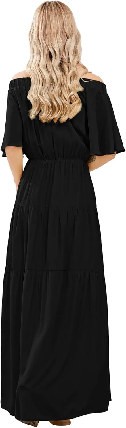 loveimgs Women's Summer Off Shoulder Ruffle Cotton Dress Short Sleeve Mid Rise Beach Boho Long Maxi Dress
