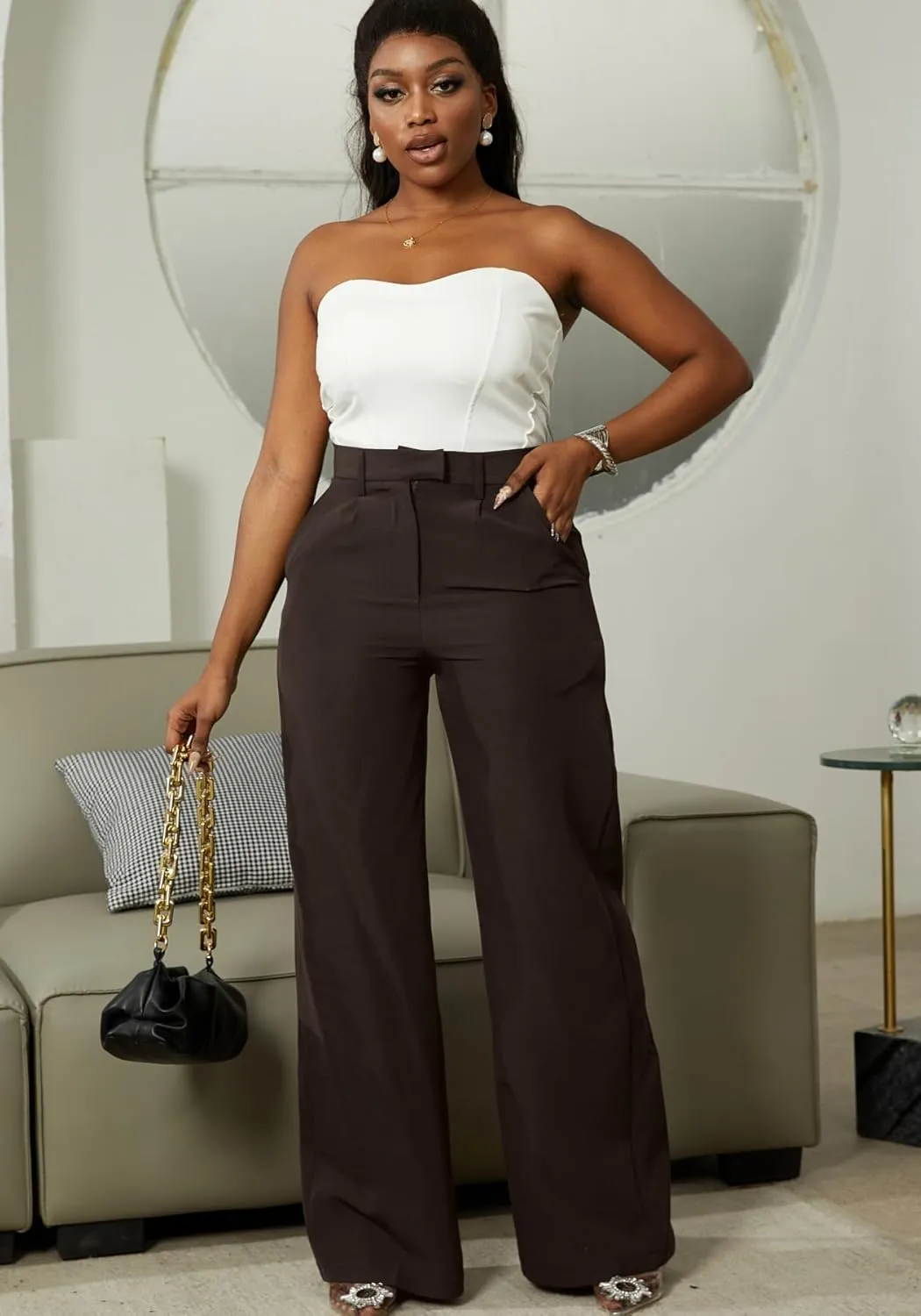 Lucuna Women's Wide Leg Dress Pants High Waisted Straight Leg Slacks Business Office Work Pants Trousers