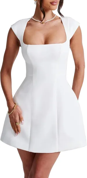 LuFeng Women's Square Neck Cap Sleeve Fully Lined Mini Dress Zipper A Line Party Club Dresses