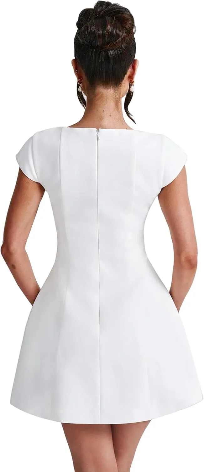 LuFeng Women's Square Neck Cap Sleeve Fully Lined Mini Dress Zipper A Line Party Club Dresses