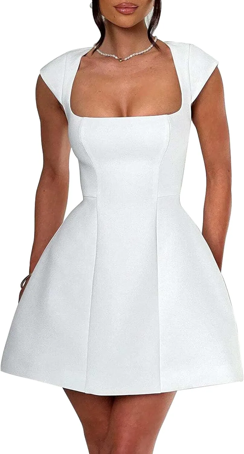 LuFeng Women's Square Neck Cap Sleeve Fully Lined Mini Dress Zipper A Line Party Club Dresses