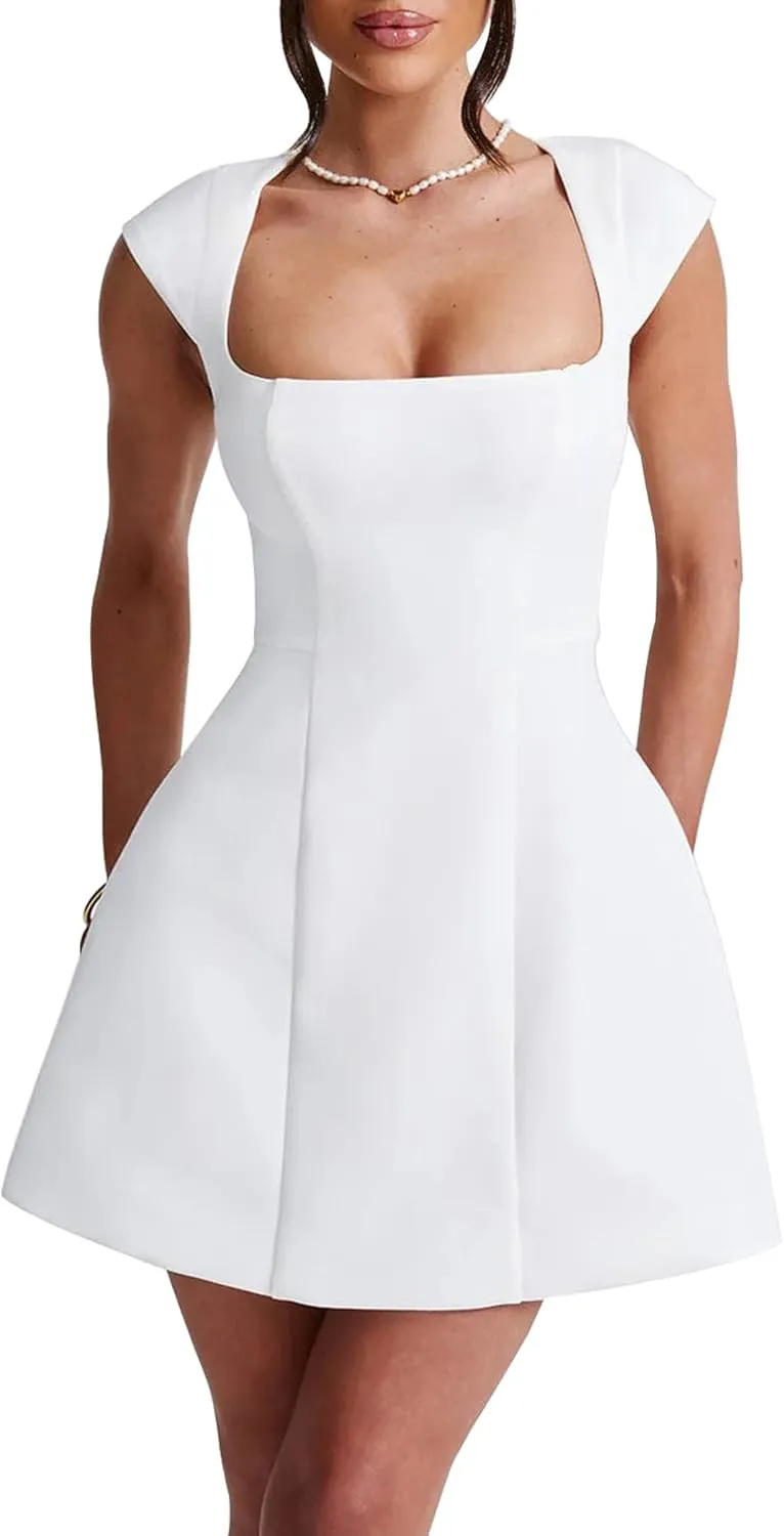 LuFeng Women's Square Neck Cap Sleeve Fully Lined Mini Dress Zipper A Line Party Club Dresses