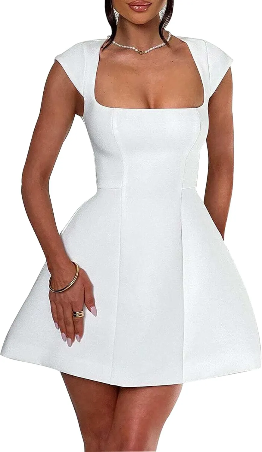 LuFeng Women's Square Neck Cap Sleeve Fully Lined Mini Dress Zipper A Line Party Club Dresses