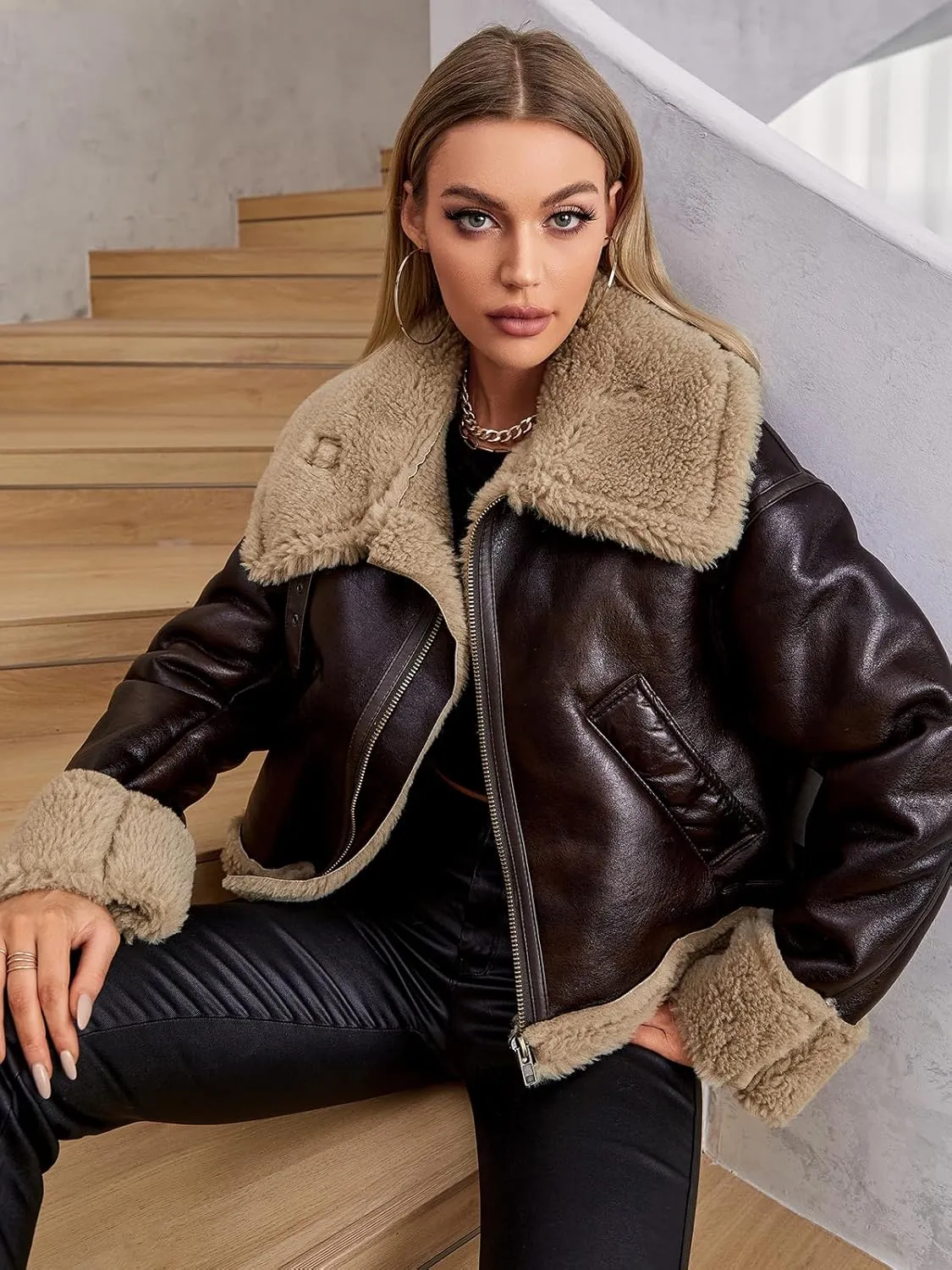 LY VAREY LIN Women Faux Leather Jacket with Faux Fur Lining Warm Winter Biker Coat