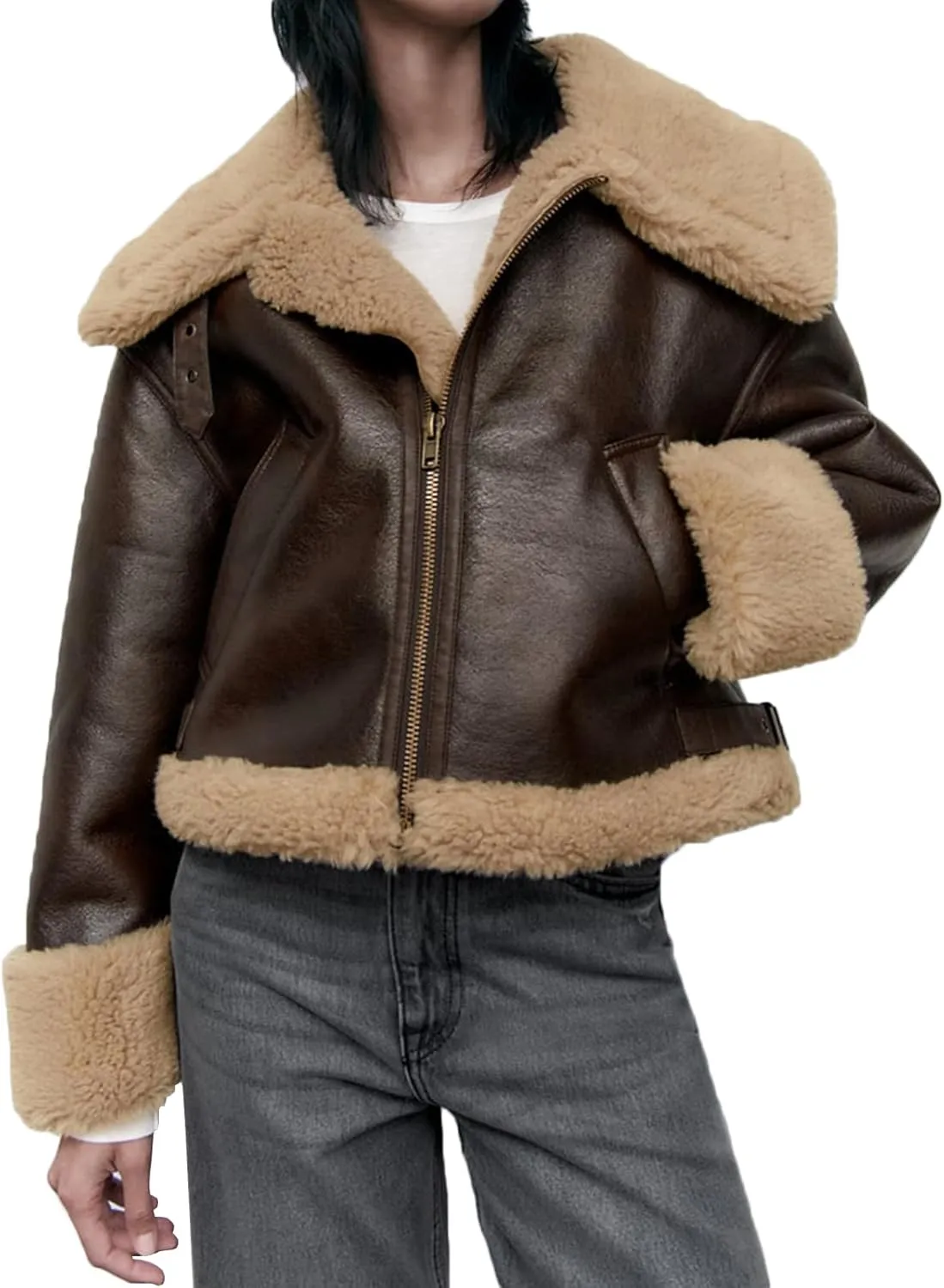 LY VAREY LIN Women Faux Leather Jacket with Faux Fur Lining Warm Winter Biker Coat