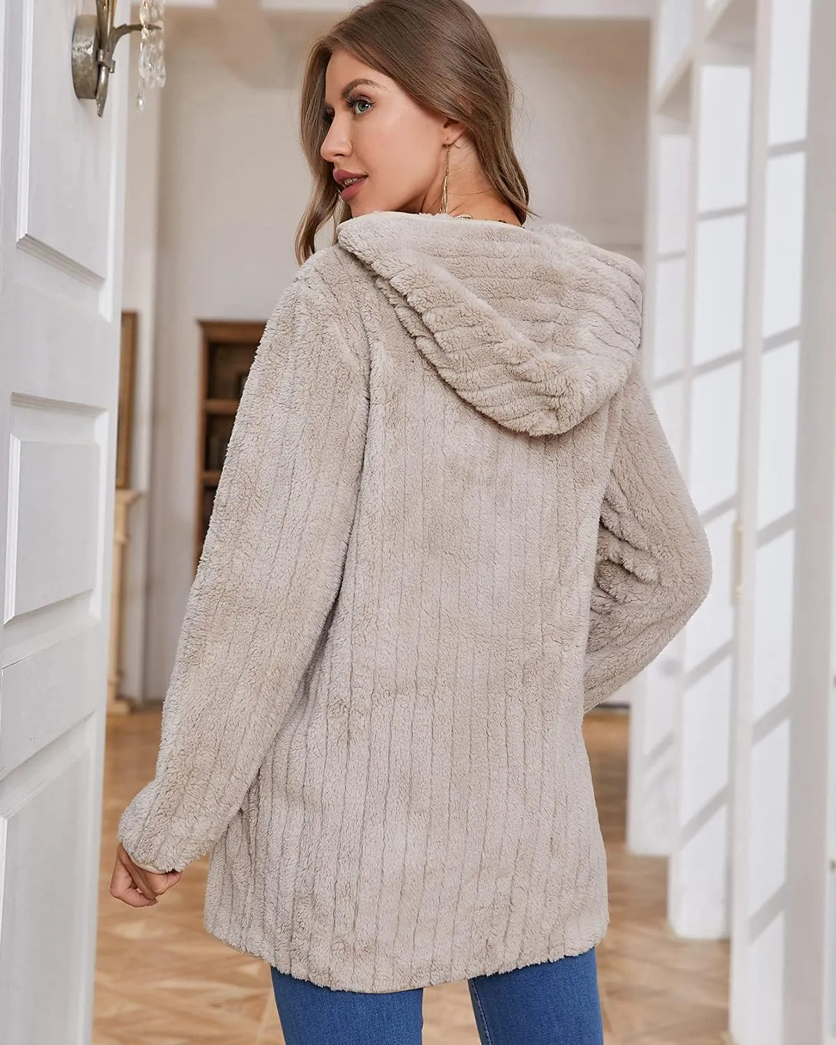 LY VAREY LIN Womens Fuzzy Fleece Sherpa Jacket Zip Up Hooded Cardigans with Pockets