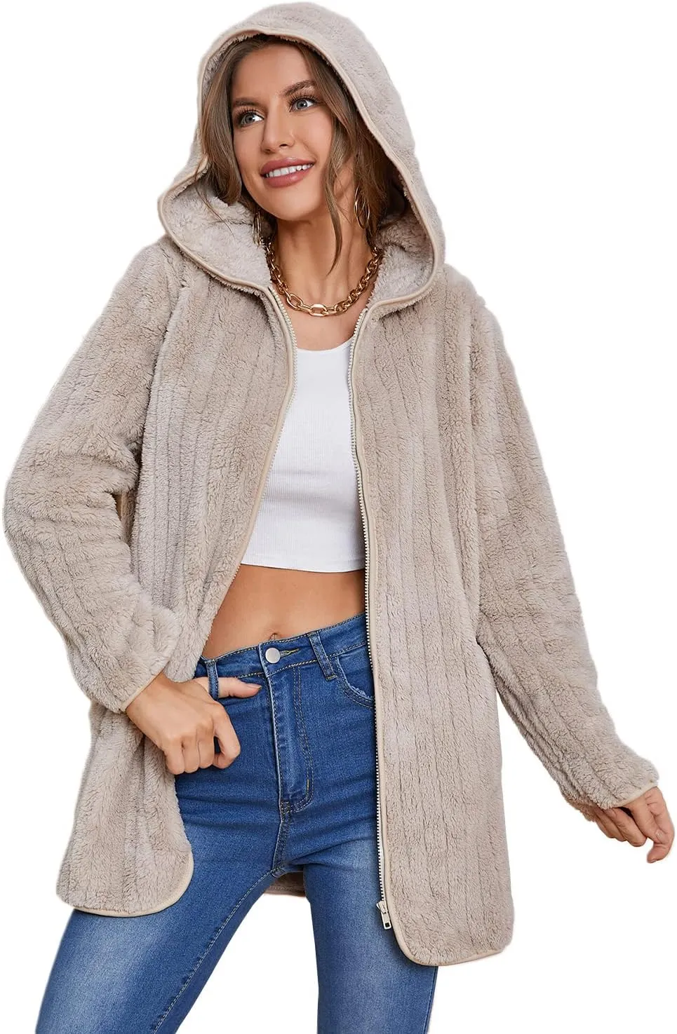 LY VAREY LIN Womens Fuzzy Fleece Sherpa Jacket Zip Up Hooded Cardigans with Pockets