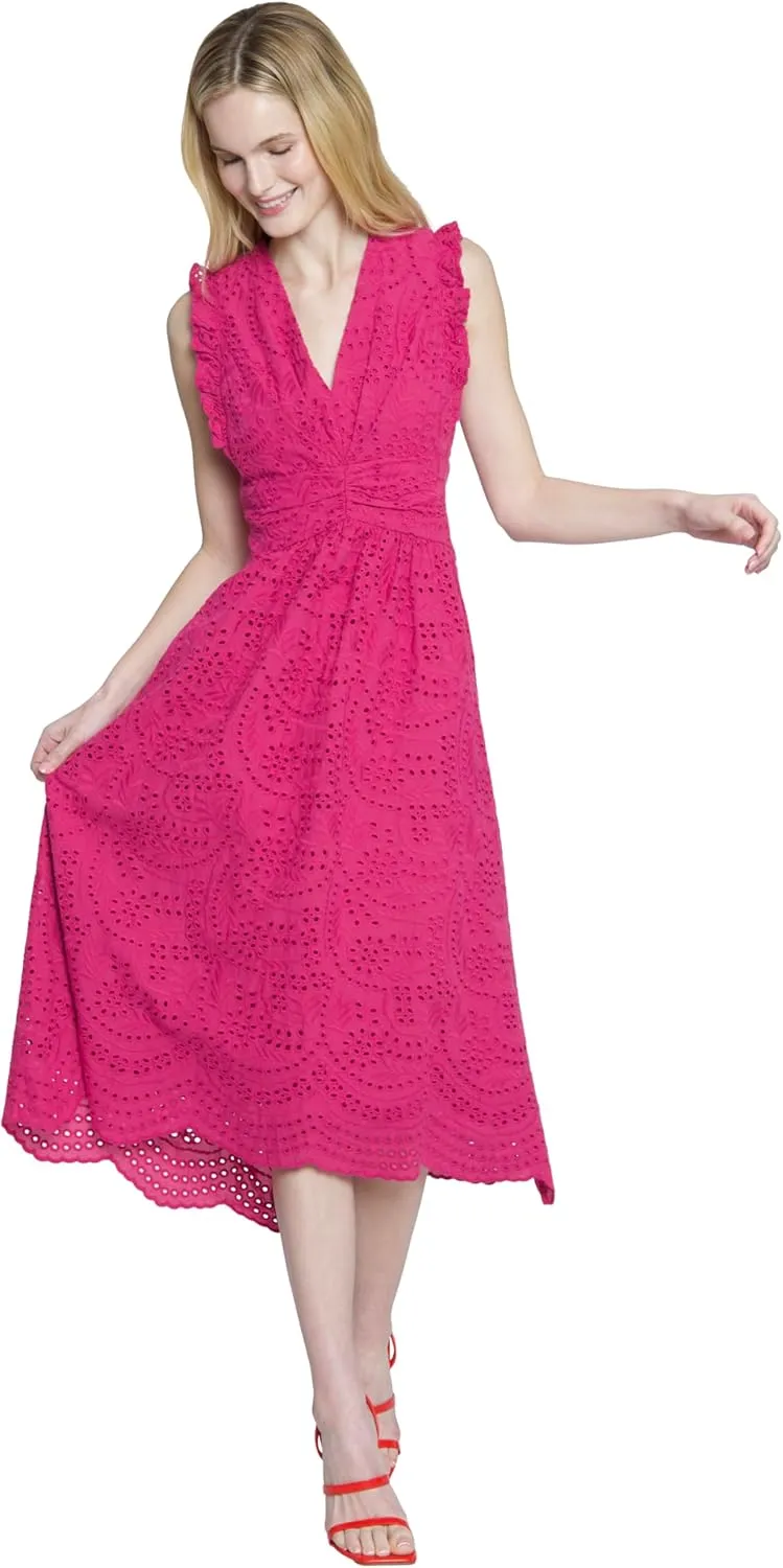 Maggy London V-Neck Scalloped Edge A-line Midi Plus Cocktail Dresses for Women