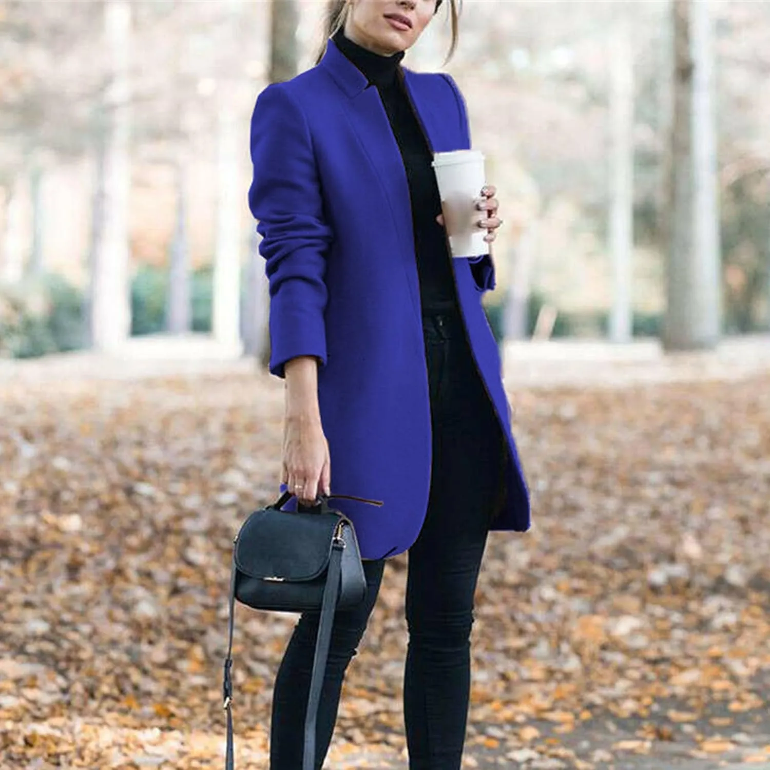 Maiyifu-GJ Womens Stand Collar Wool Blend Coats Casual Warm Open Front Cardigan Trench Overcoat Mid Long Slim Fit Jackets