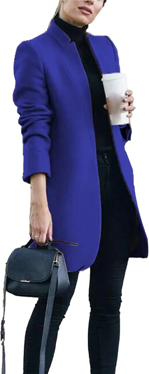 Maiyifu-GJ Womens Stand Collar Wool Blend Coats Casual Warm Open Front Cardigan Trench Overcoat Mid Long Slim Fit Jackets