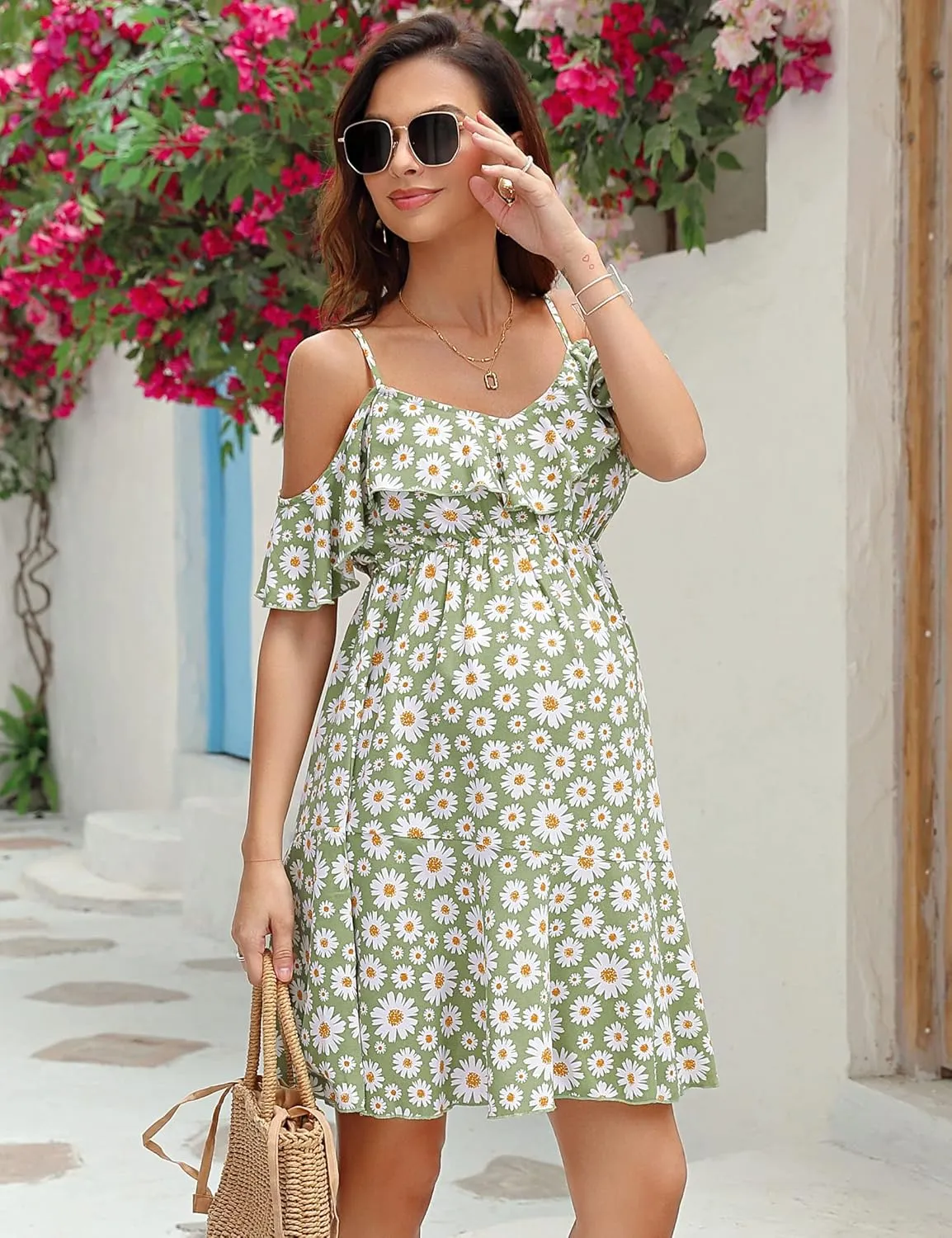 Maternity Nursing Dress Womens V-Neck Spaghetti Strap Ruffle Sleeve Daisy Printed A-Line Tiered Flowy Swing Dress