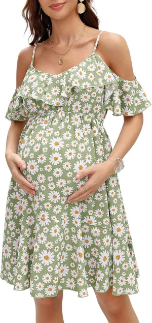Maternity Nursing Dress Womens V-Neck Spaghetti Strap Ruffle Sleeve Daisy Printed A-Line Tiered Flowy Swing Dress