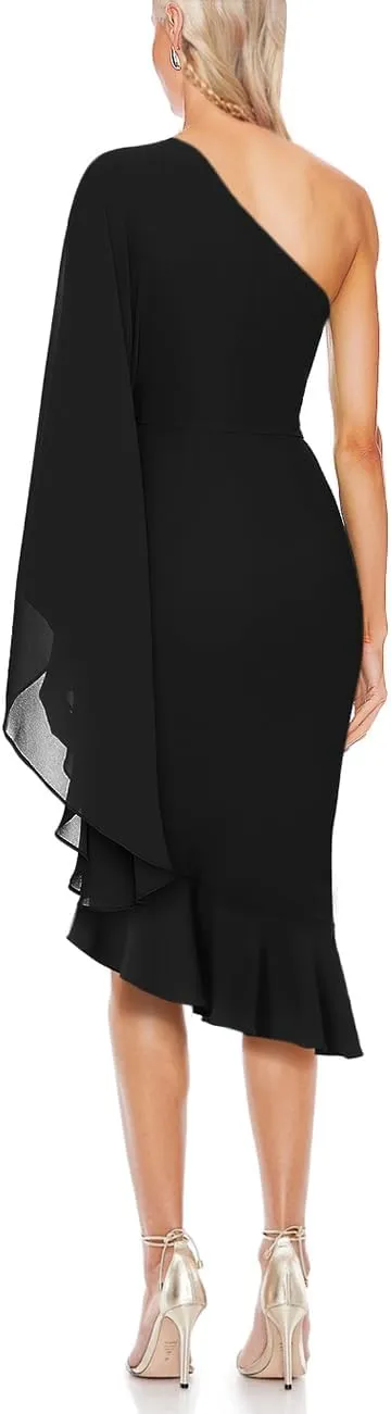 MAYFASEY Women's Sexy One Shoulder Dress Cape Sleeve Ruffle Hem High Split Bodycon Formal Cocktail Party Evening Dress