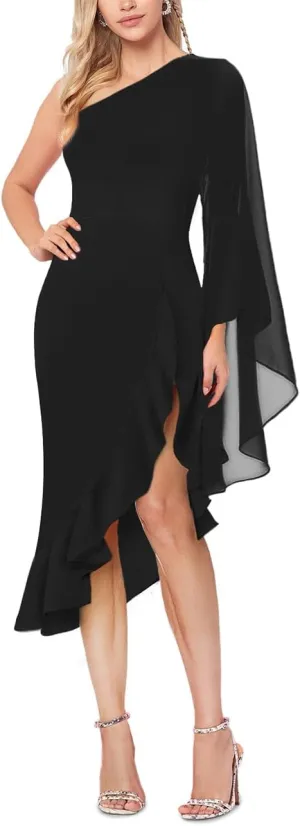 MAYFASEY Women's Sexy One Shoulder Dress Cape Sleeve Ruffle Hem High Split Bodycon Formal Cocktail Party Evening Dress