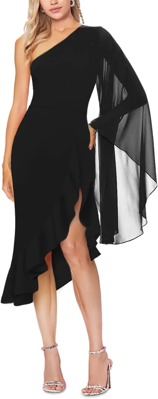 MAYFASEY Women's Sexy One Shoulder Dress Cape Sleeve Ruffle Hem High Split Bodycon Formal Cocktail Party Evening Dress