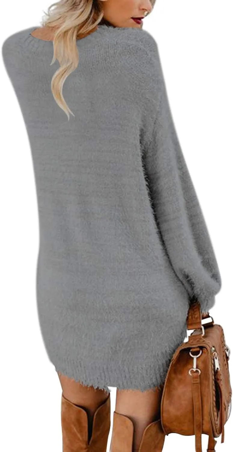 Meenew Women's Furry Pullover Sweater Dress Loose Oversized Long Knitted Tops